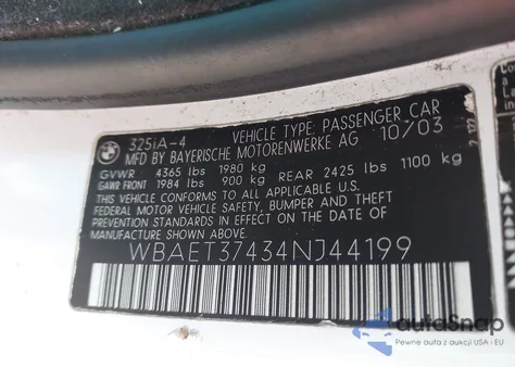 2004 BMW 325I z USA, uszkodzony, nr VIN WBAET37434NJ44199